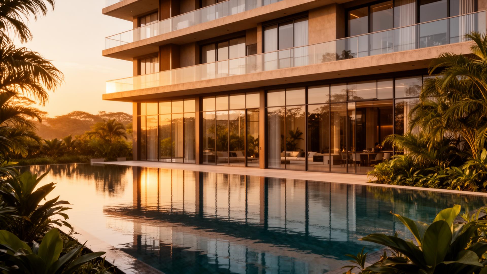Modern luxury Nairobi apartment with glass walls and infinity pool at golden hour