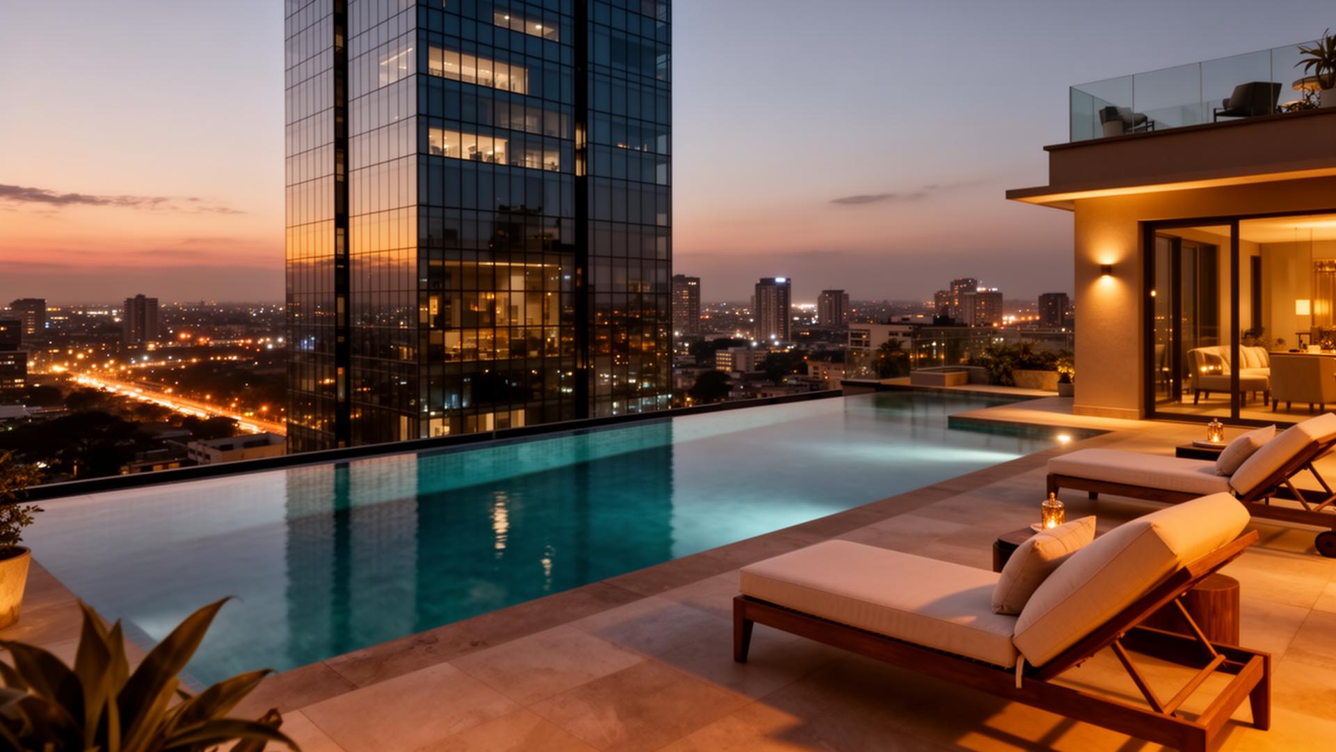 Luxury penthouse with infinity pool overlooking the Nairobi skyline at dusk