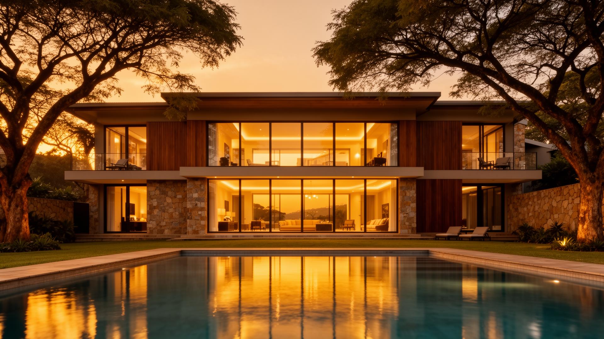 Elegant Nairobi villa with panoramic windows and pool in warm evening light